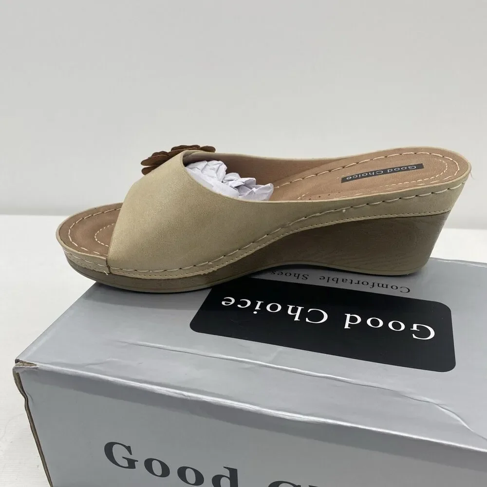 Good Choice Shoes Women's Naples Flower Wedge Sandals Size 7.5 Natural